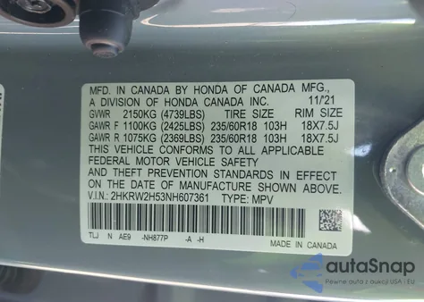 2022 Honda Cr-V Awd Ex из США, поврежденный, VIN 2HKRW2H53NH607361